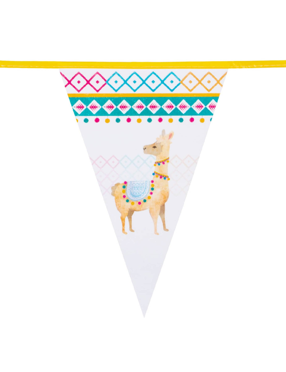 Détail du dessin de lama de la guirlande de fanions en plastique lama