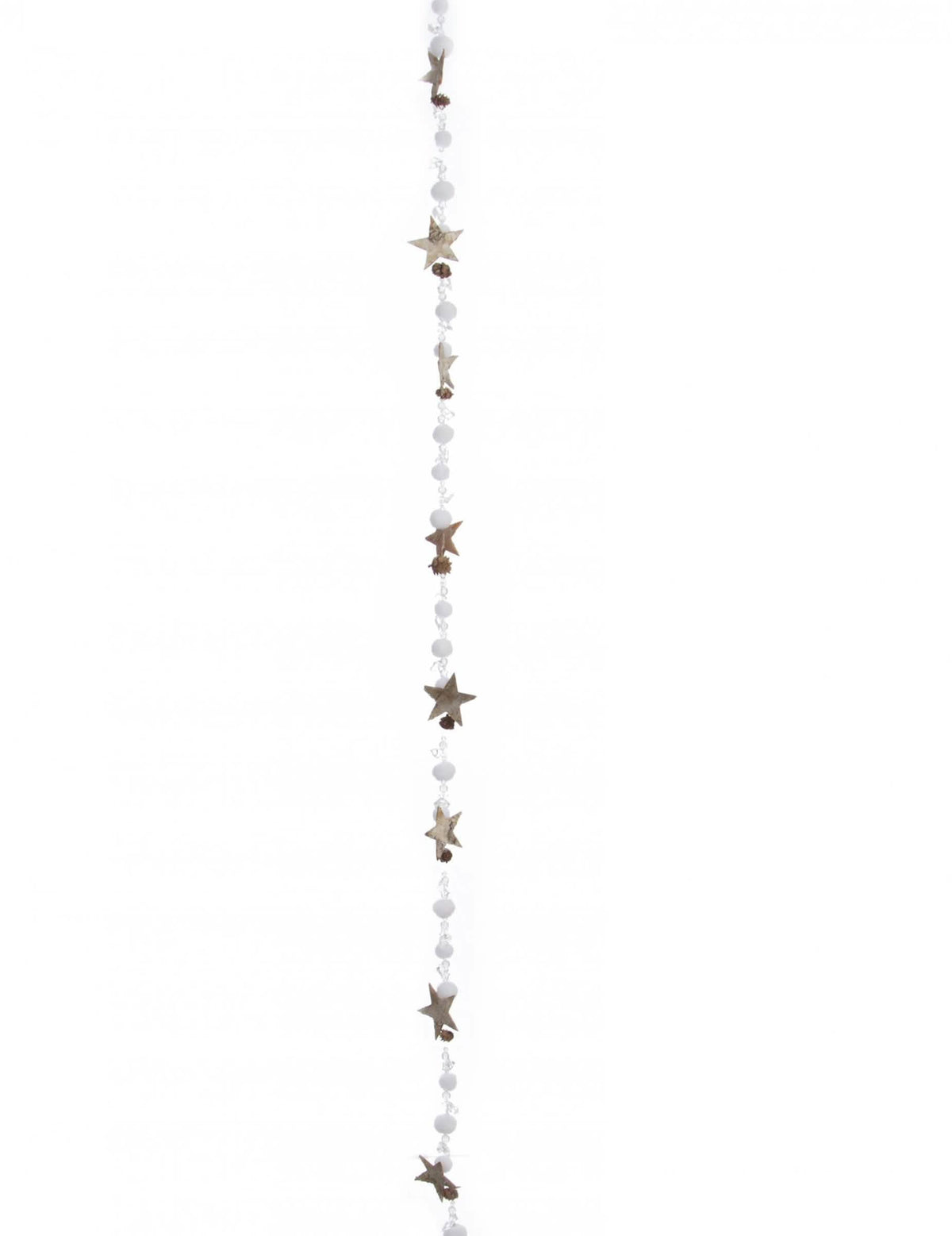 Guirlande en bois étoiles et boules de coton pour décoration blanche et marron avec pommes de pin