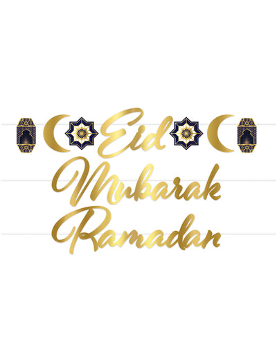 Guirlande en carton Aïd Mubarak pour décoration dorée et bleue