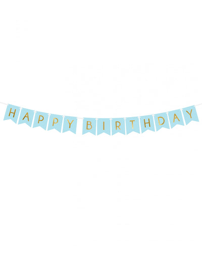 Guirlande en carton Happy Birthday pour anniversaire bleue et dorée métallisée