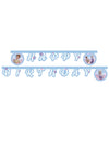 Guirlande en carton Happy Birthday La Reine des Neiges bleu clair avec Anna et Elsa