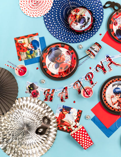 Mise en scène de la guirlande en carton Happy Birthday Ladybug