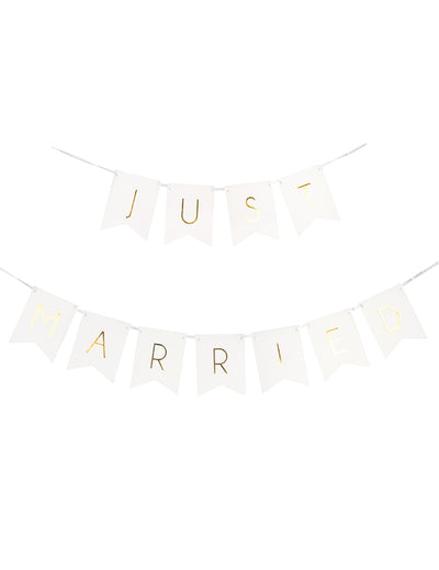 Guirlande en carton just married pour mariage blanche et dorée