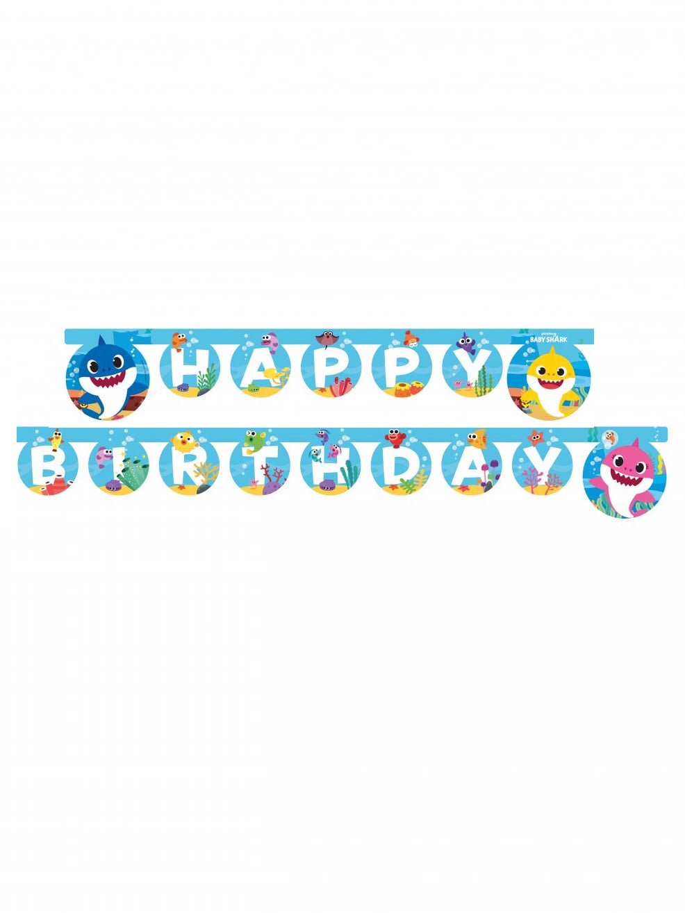 Guirlande en papier Happy Birthday Baby Shark bleue avec motifs de requins