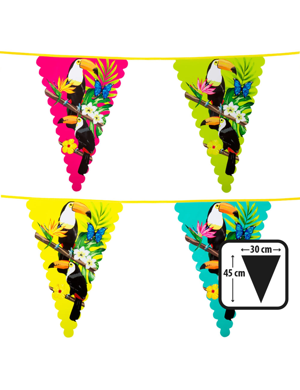 Détail des dimensions de la guirlande fanions en plastique toucan
