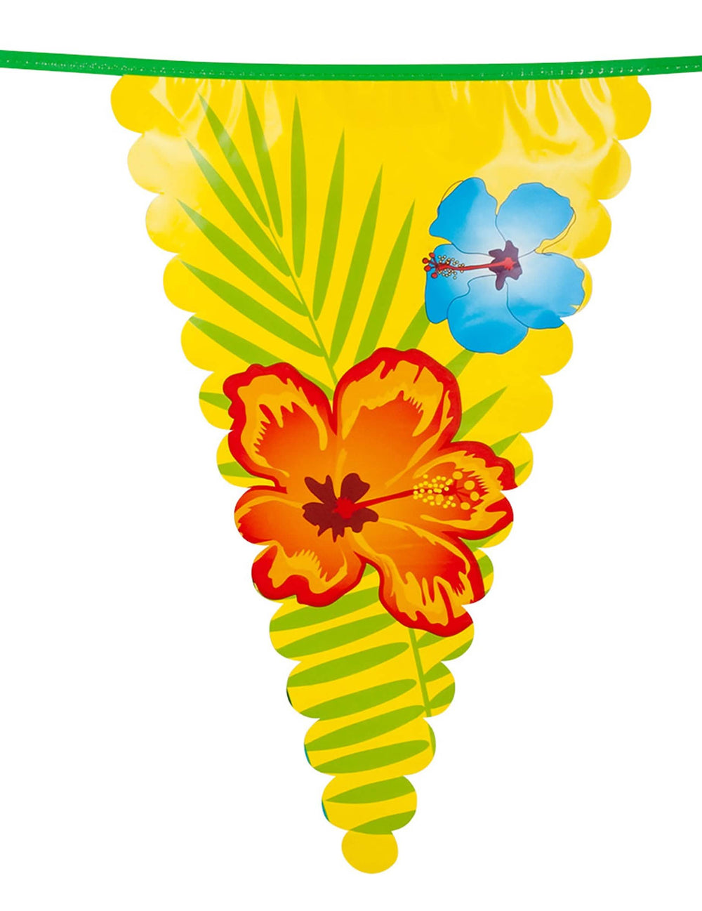 Zoom sobre el motivo flor de hibisco y hoja de palmera del banderín de la guirnalda de banderines hawái