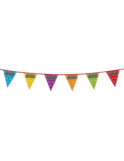 Guirlande fanions holographiques Joyeux anniversaire pour fête multicolore avec étoiles