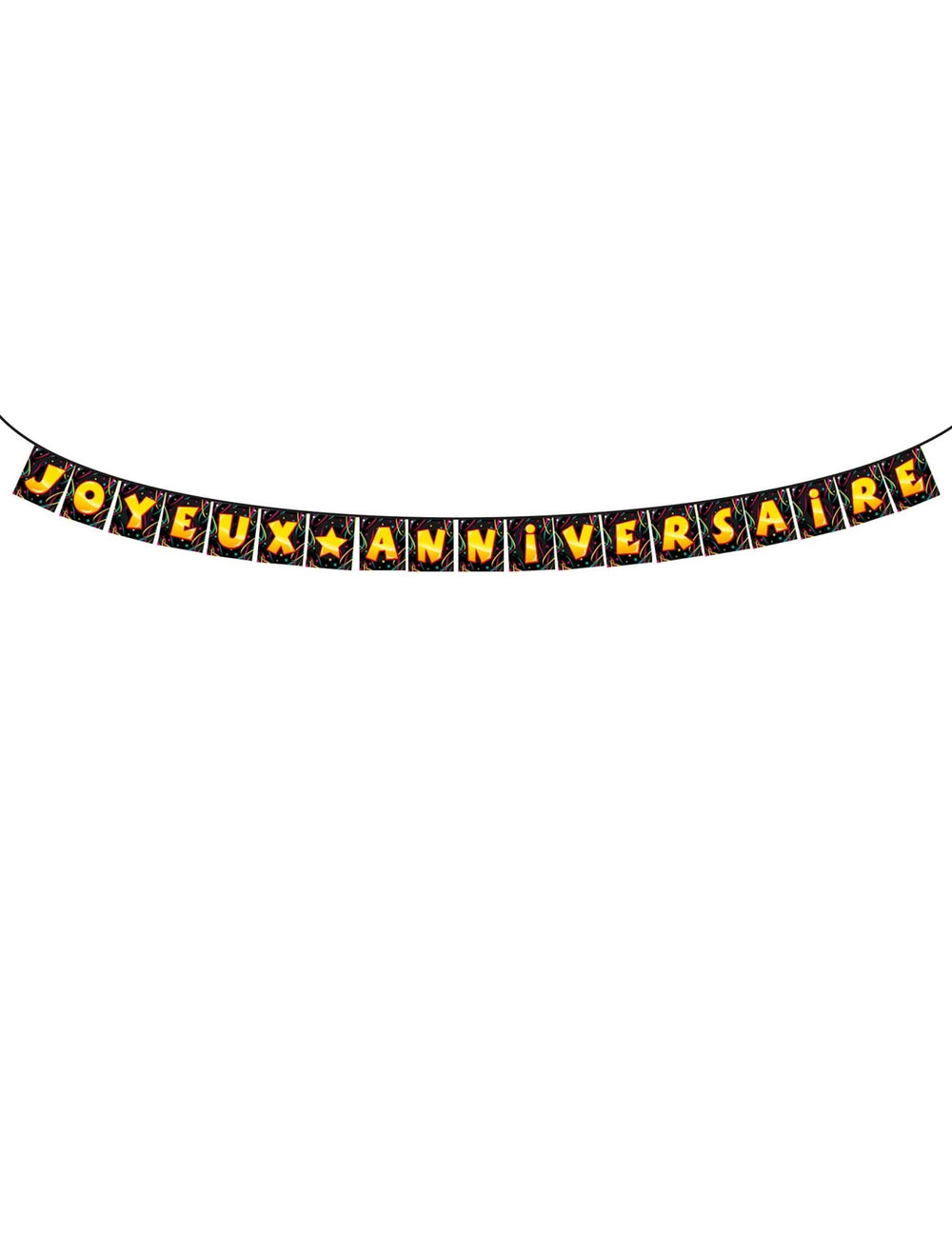 Guirlande fanions Joyeux anniversaire noire avec lettrage jaune et orange
