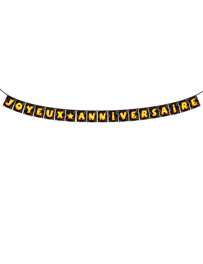 Guirlande fanions Joyeux anniversaire noire avec lettrage jaune et orange