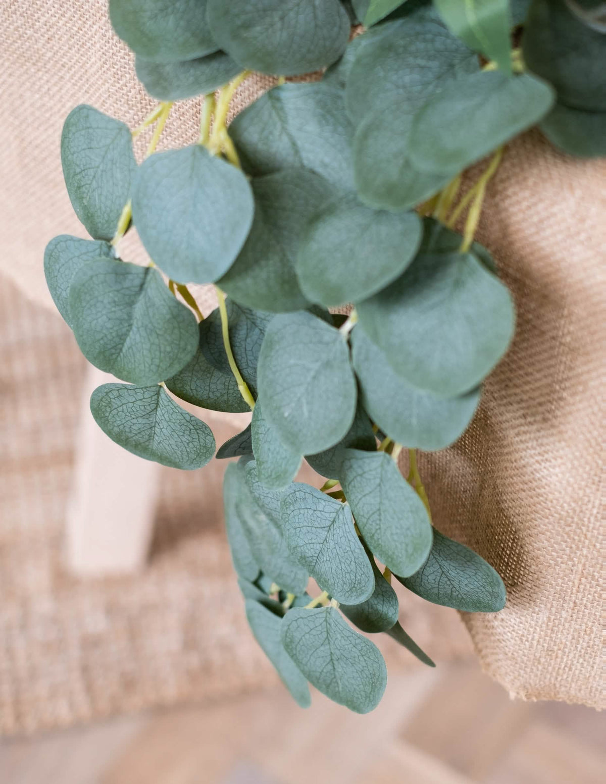 Détail de la retombée sur tissu de jute de la guirlande de feuilles d'eucalyptus