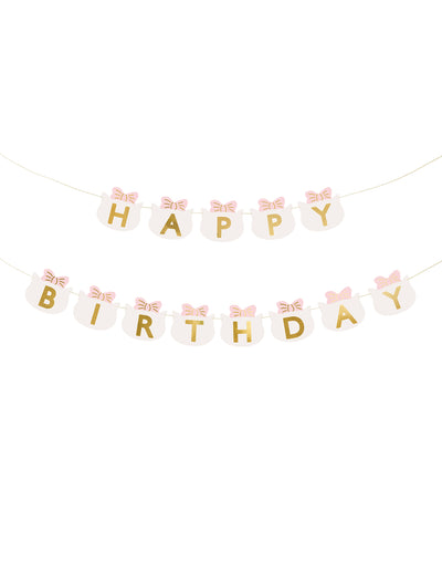 Guirlande happy birthday chatons pour enfant blanche aux nœuds roses et lettres dorées