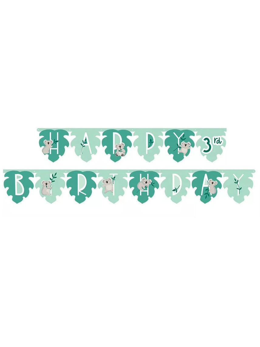Guirlande en carton happy birthday koala pour anniversaire thème jungle verte en forme de feuilles