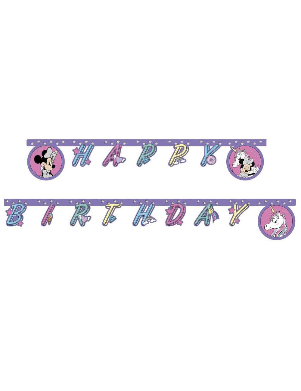 Guirnalda Happy Birthday Minnie y el unicornio para niño violeta con motivos de estrellas