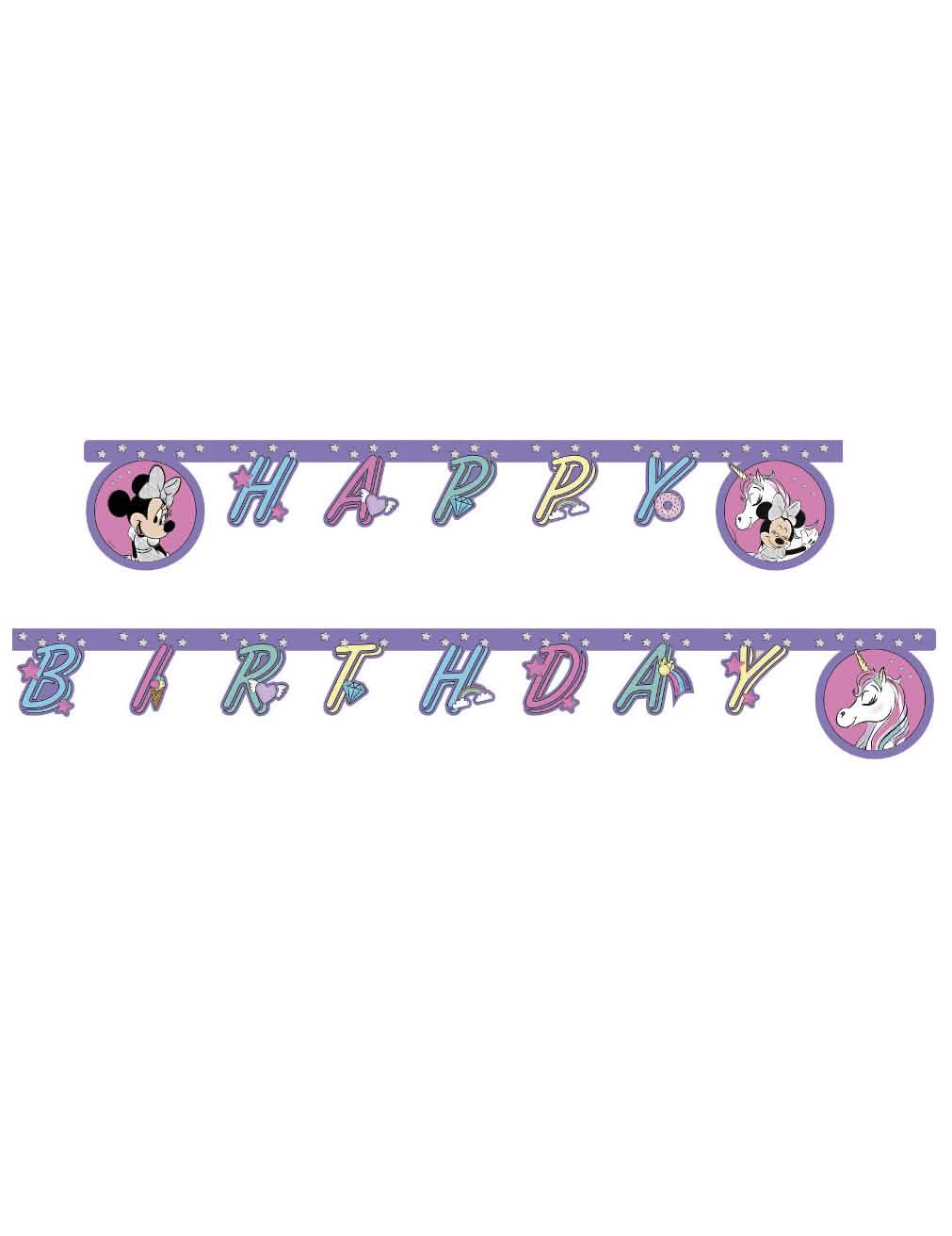 Guirnalda Happy Birthday Minnie y el unicornio para niño violeta con motivos de estrellas