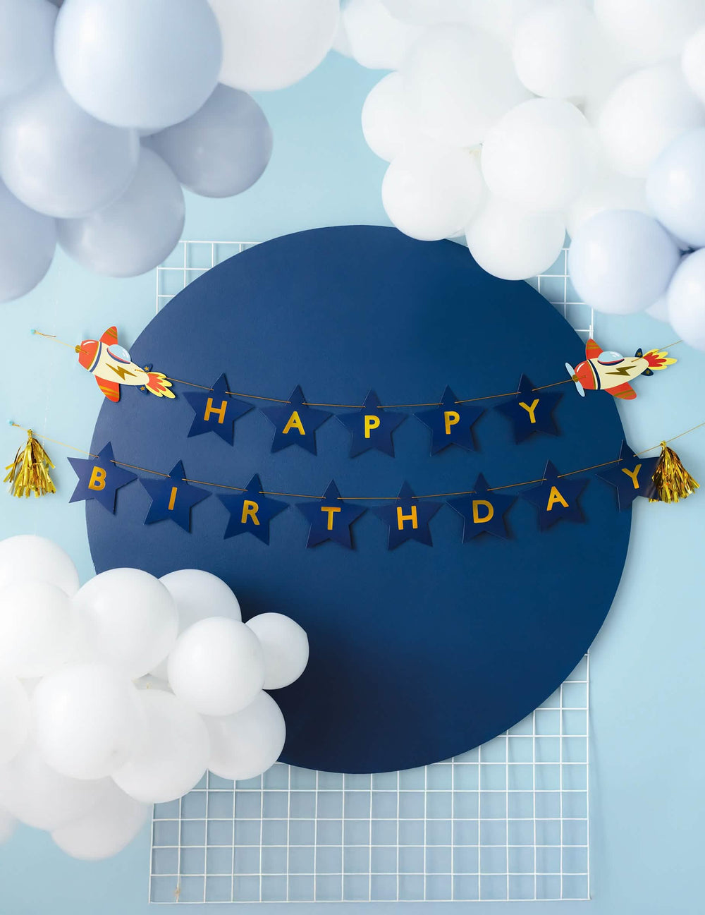 Guirlande happy birthday petit avion pour anniversaire bleu et doré