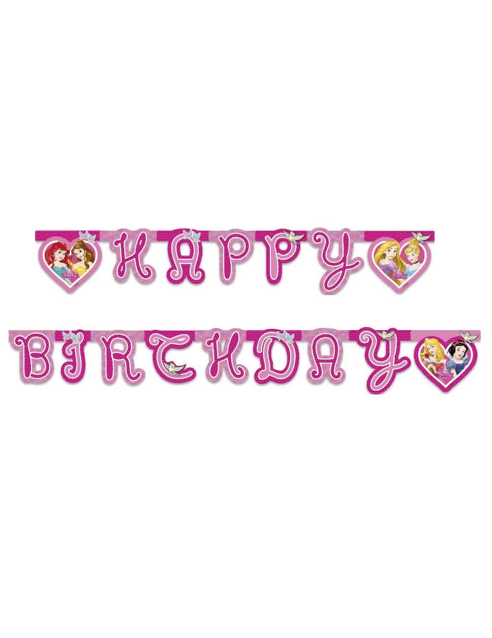 Guirnalda Happy Birthday princesas Disney para niño rosa con motivos de corazones