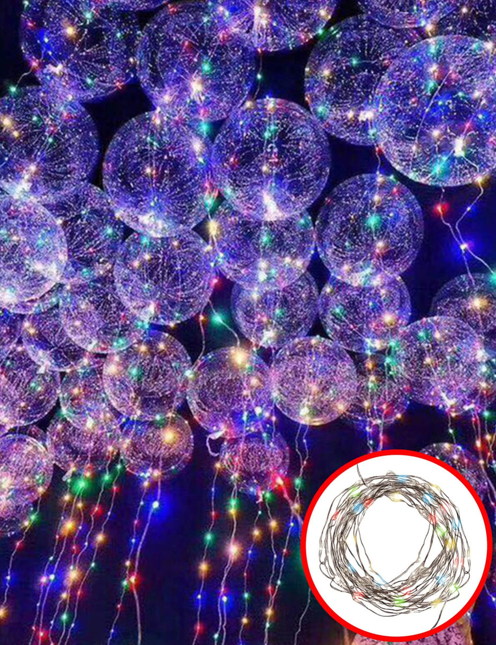 Escena con globos de la guirnalda luminosa multicolor para decoración