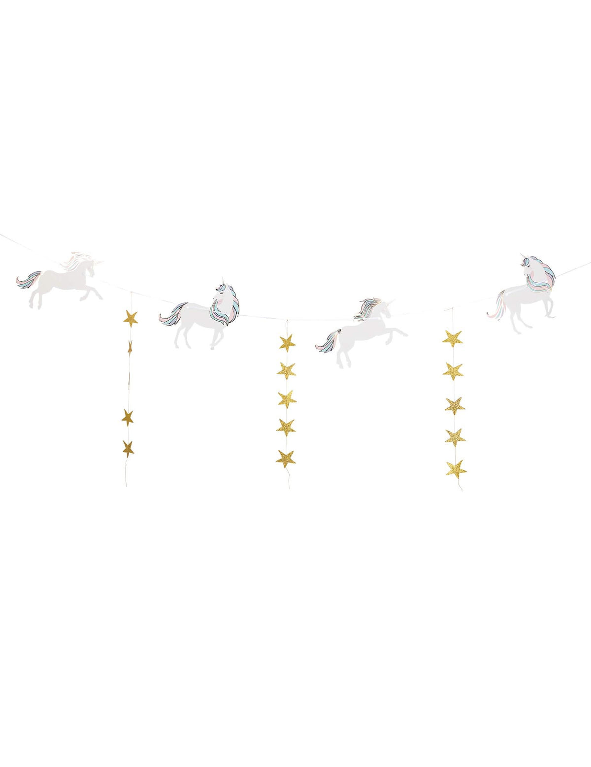 Guirlande licorne pastel et étoiles dorées pour anniversaire blanc et or