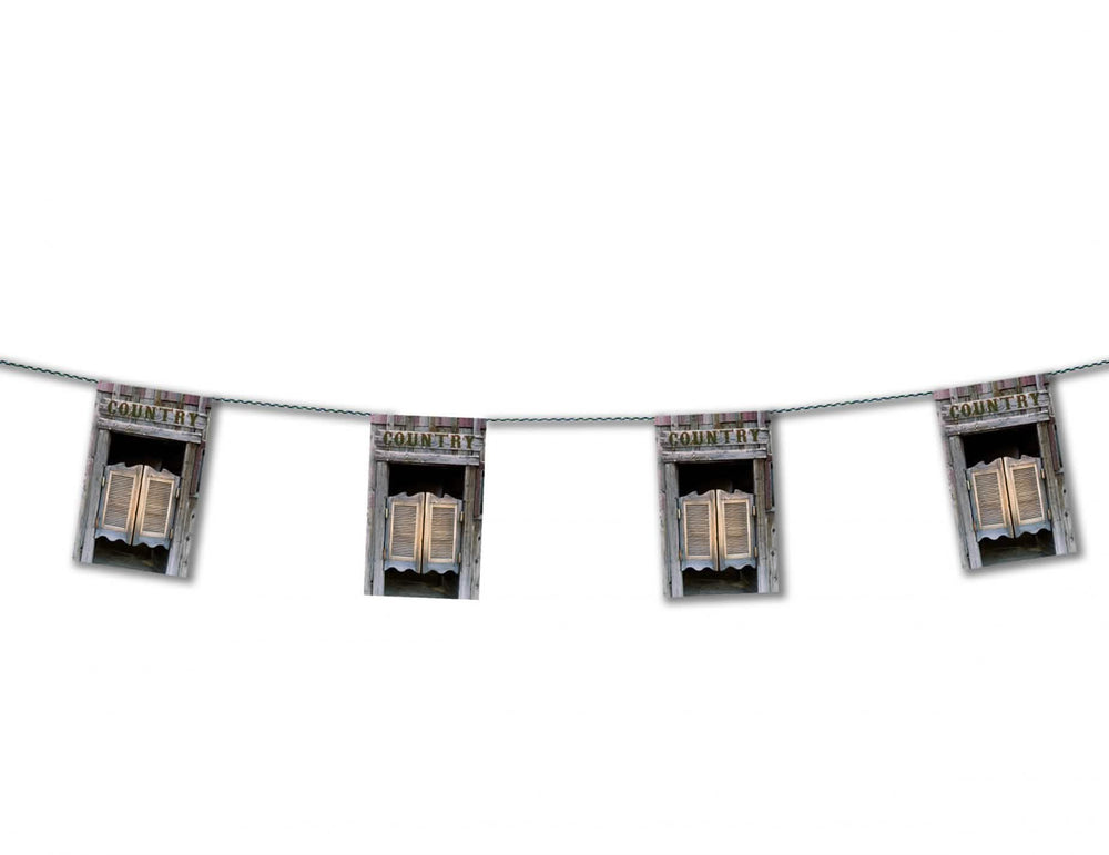 Guirlande en papier Saloon pour décoration marron avec motif portes de bois saloon