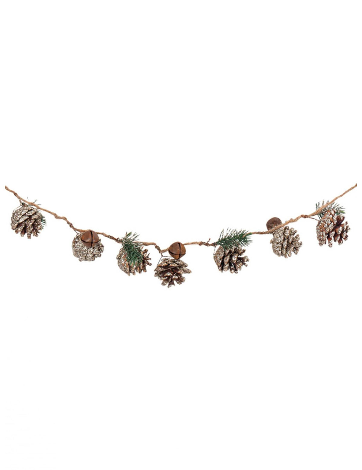 Guirlande pommes de pin pailletées grelots et sapin pour décoration naturelle et dorée sur corde