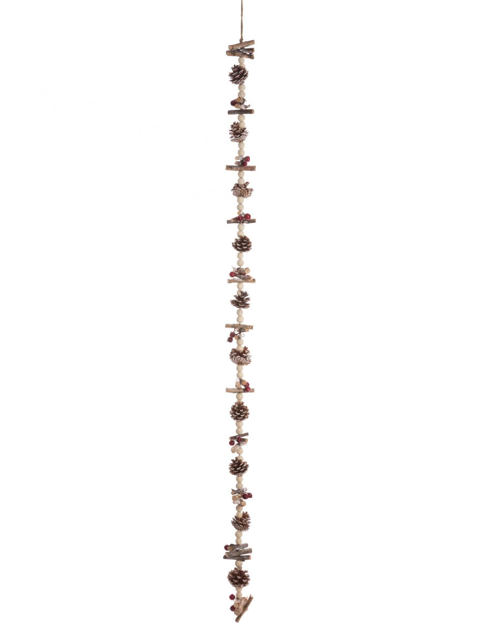 Guirlande de perles bois et pommes de pin décoration nature marron et beige avec baies rouges