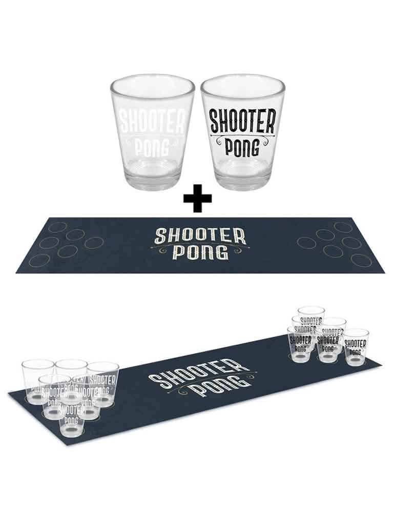 Jeu à boire shooter pong pour adulte avec tapis bleu marine et verres transparents