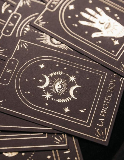 Juego de 20 cartas oráculo adivinatorio Cosmic Spirit de papel negro y dorado 8 x 11 cm