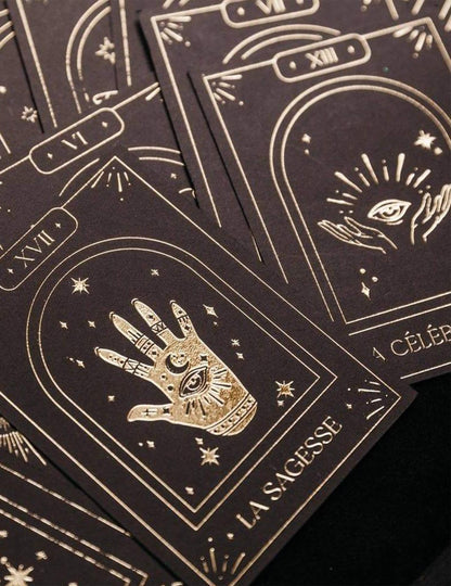 Juego de 20 cartas oráculo adivinatorio Cosmic Spirit de papel negro y dorado 8 x 11 cm