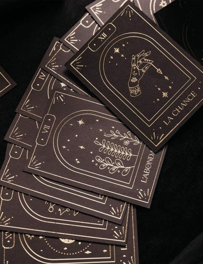 Juego de 20 cartas oráculo adivinatorio Cosmic Spirit de papel negro y dorado 8 x 11 cm