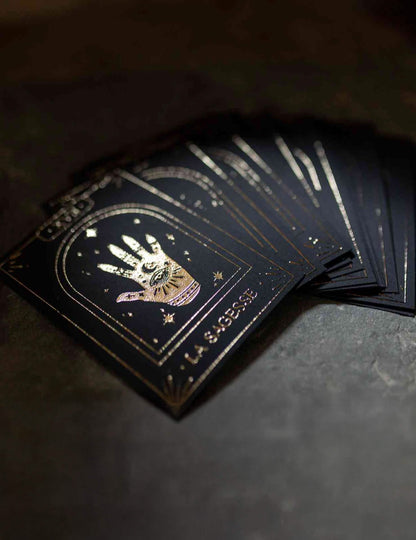 Juego de 20 cartas oráculo adivinatorio Cosmic Spirit de papel negro y dorado 8 x 11 cm