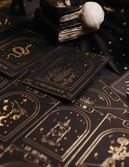Juego de 20 cartas oráculo adivinatorio Cosmic Spirit de papel negro y dorado 8 x 11 cm