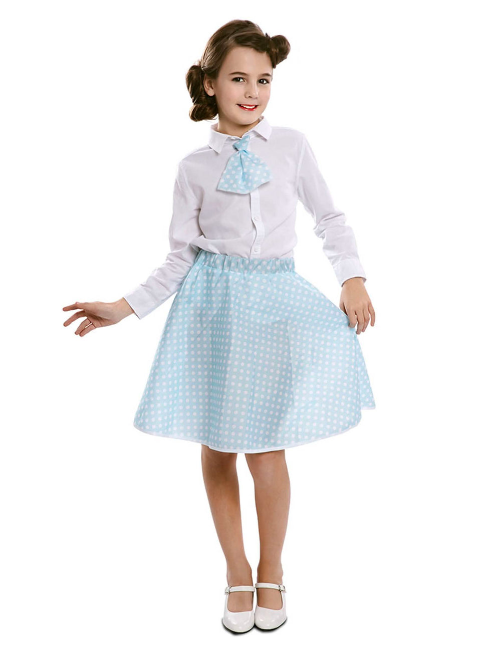 Falda con corbata pin-up para niña azul cielo a lunares blancos
