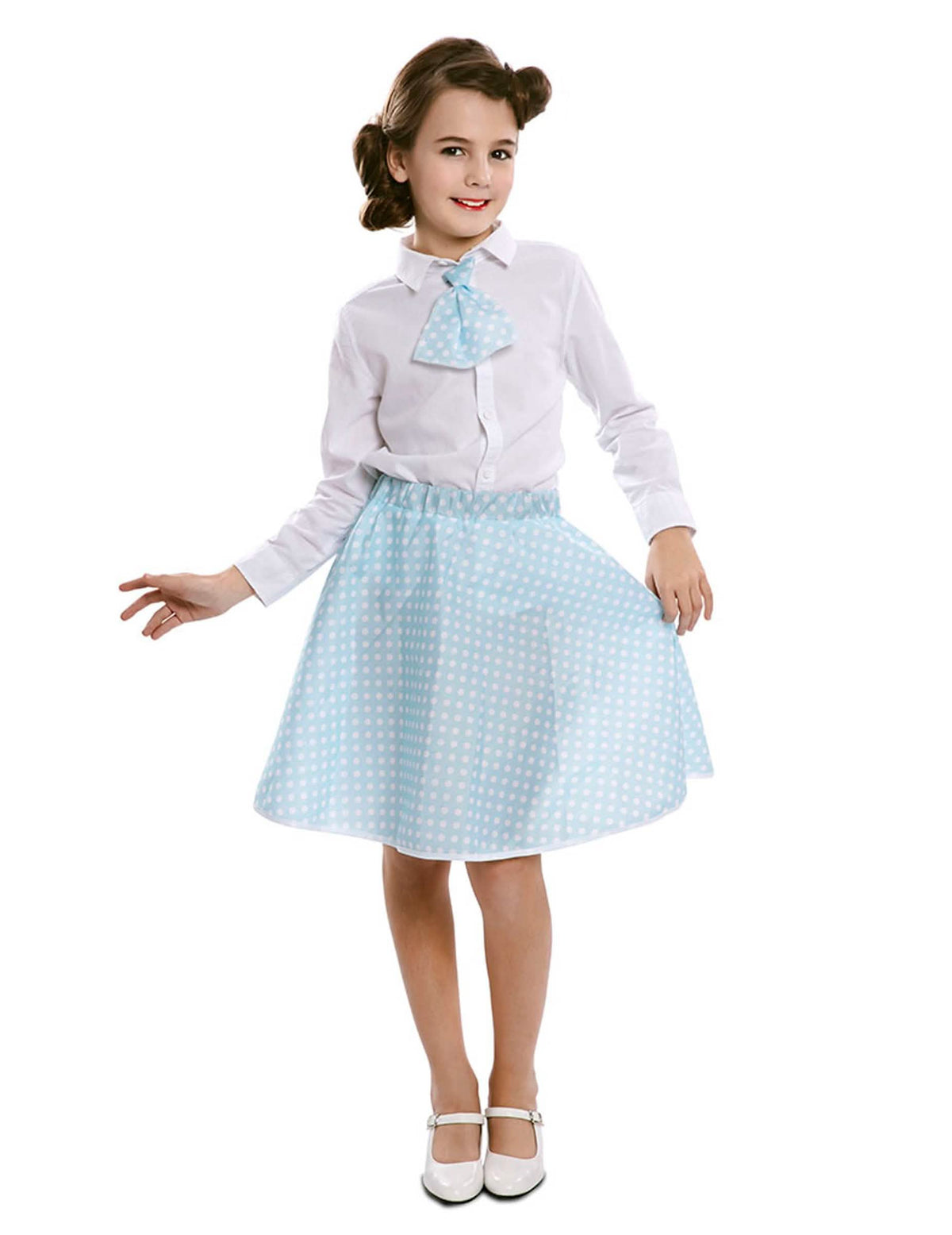 Falda con corbata pin-up para niña azul cielo a lunares blancos