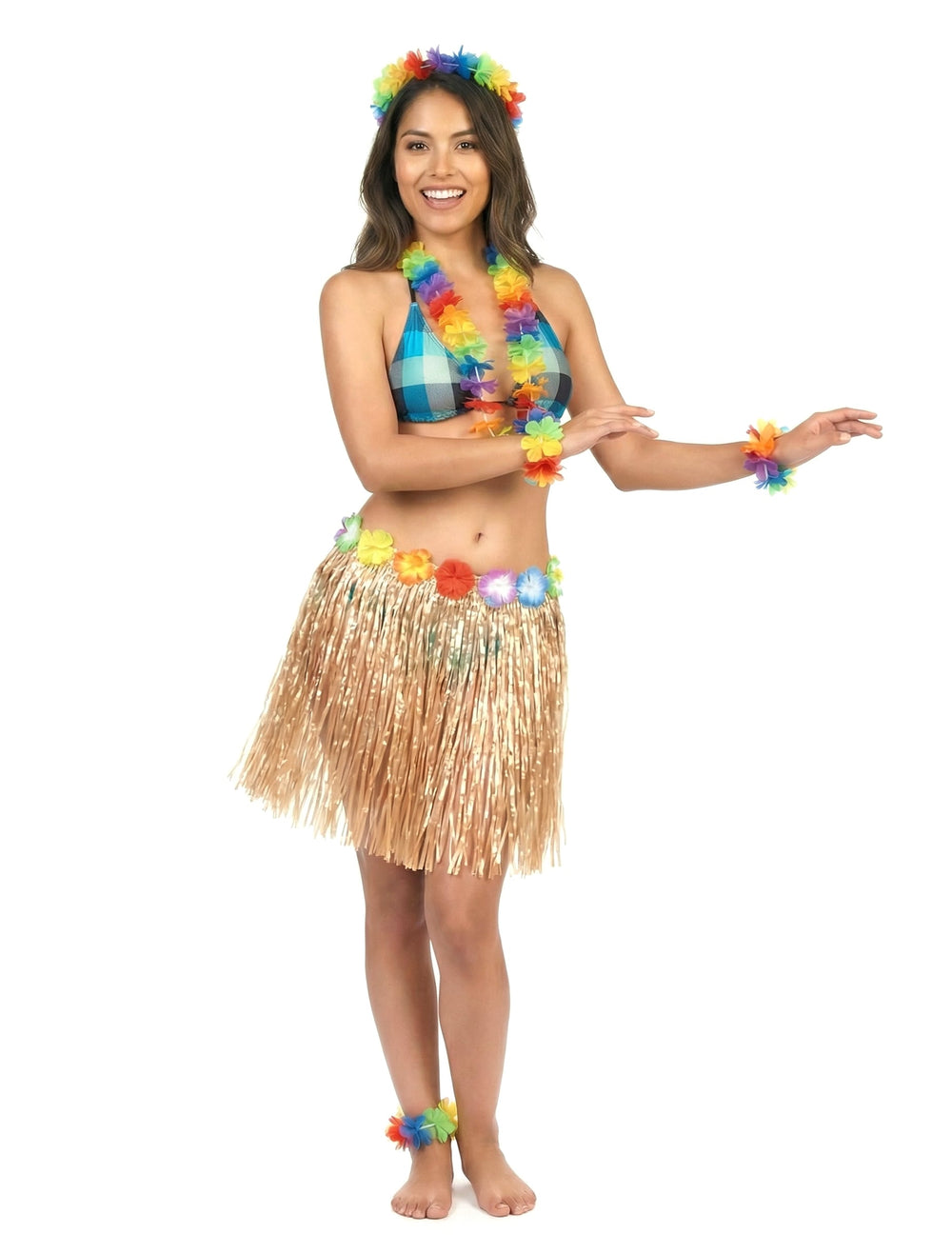 Jupe hawaïenne courte en plastique pour adulte dorée avec fleurs multicolores à la taille