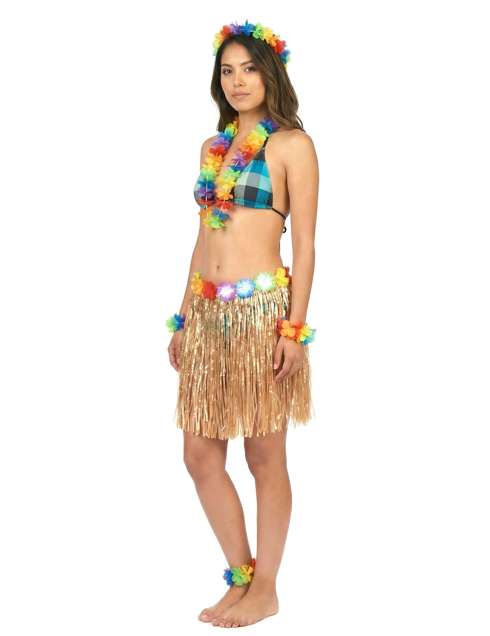Vue de profil de la jupe hawaïenne courte en plastique pour adulte