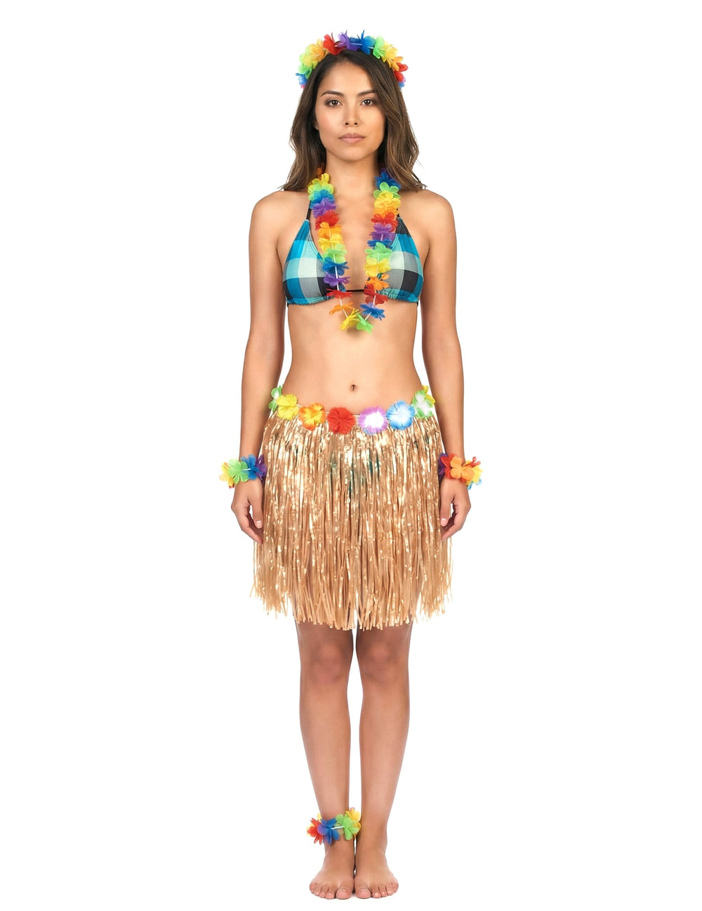 Vue de face de la jupe hawaïenne courte en plastique pour adulte