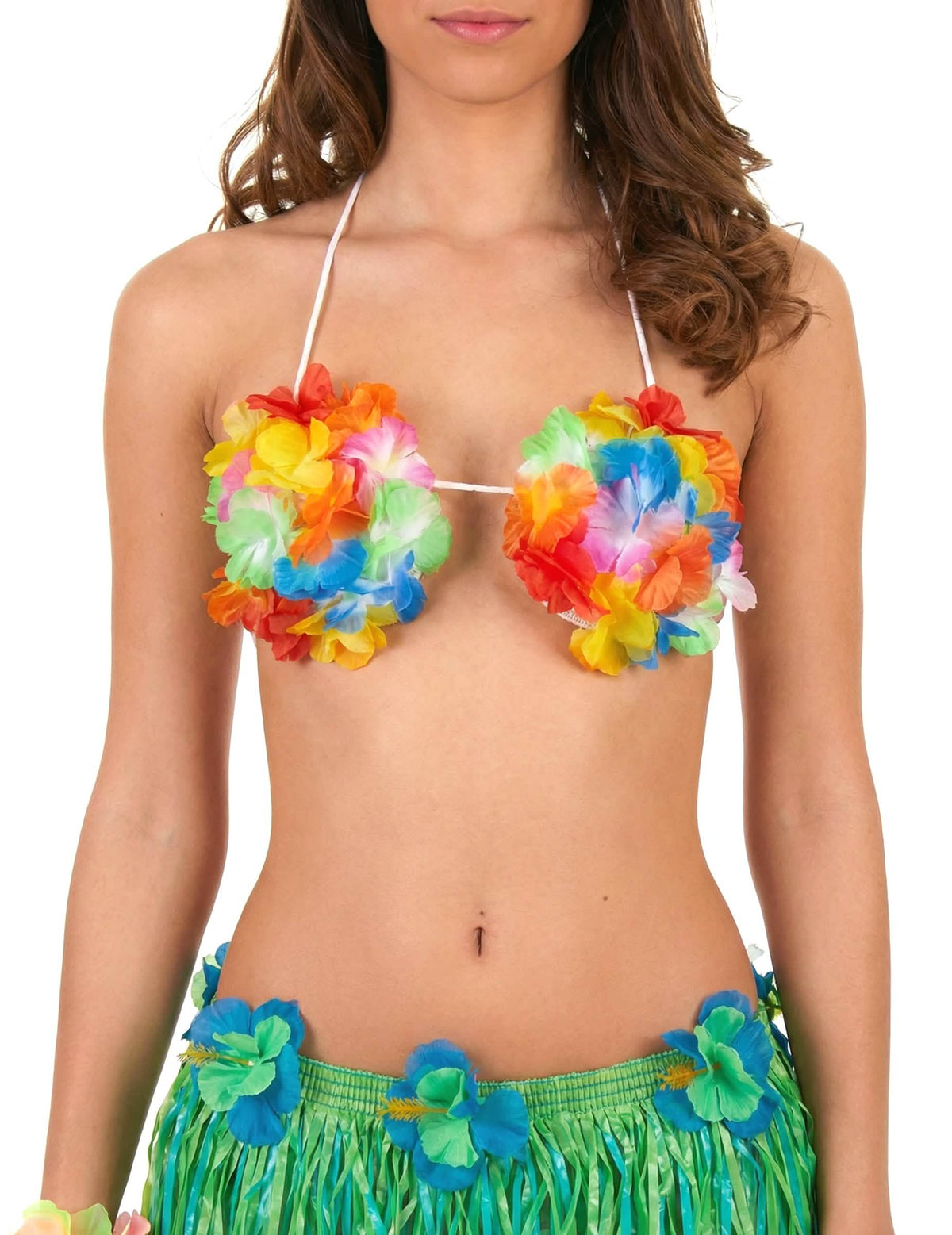 Detalle de la parte superior con flores de la falda hawaiana corta para adulto
