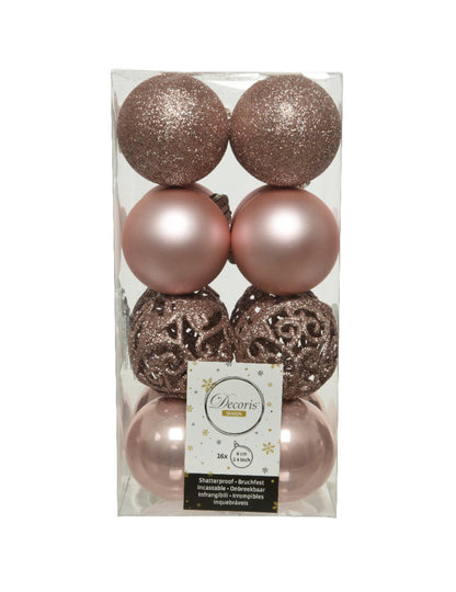 Vue de face de la boîte de boules de Noël pour décoration rose gold brillantes et mates