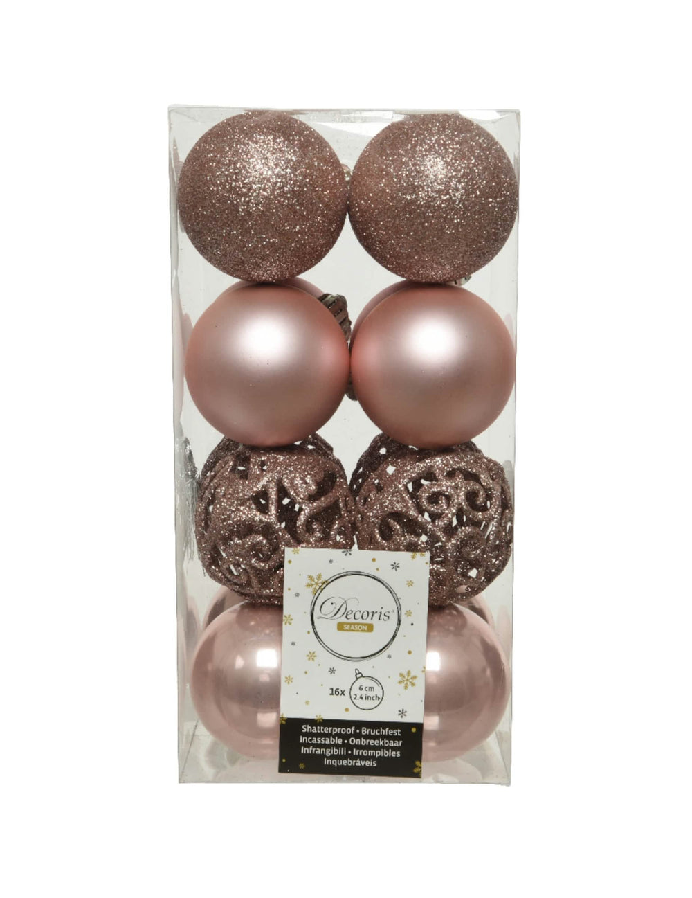 Vista frontal de la caja de bolas de navidad para decoración oro rosa brillantes y mates