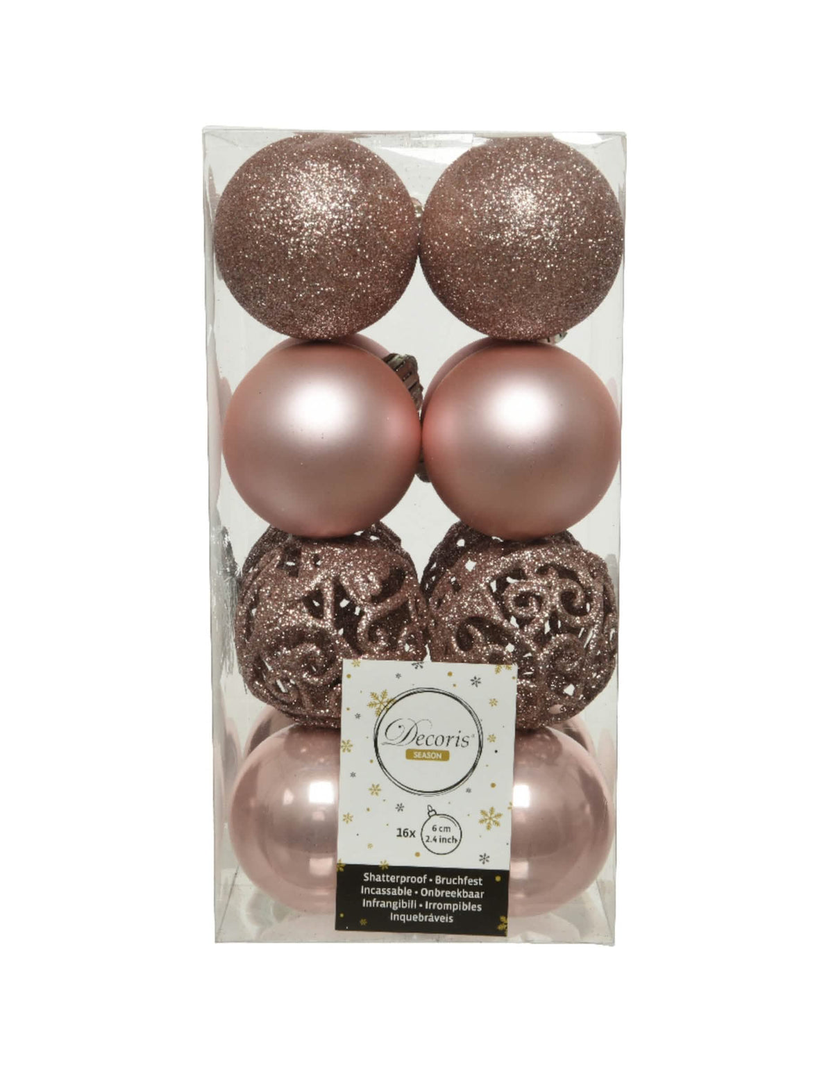 Vista frontal de la caja de bolas de navidad para decoración oro rosa brillantes y mates
