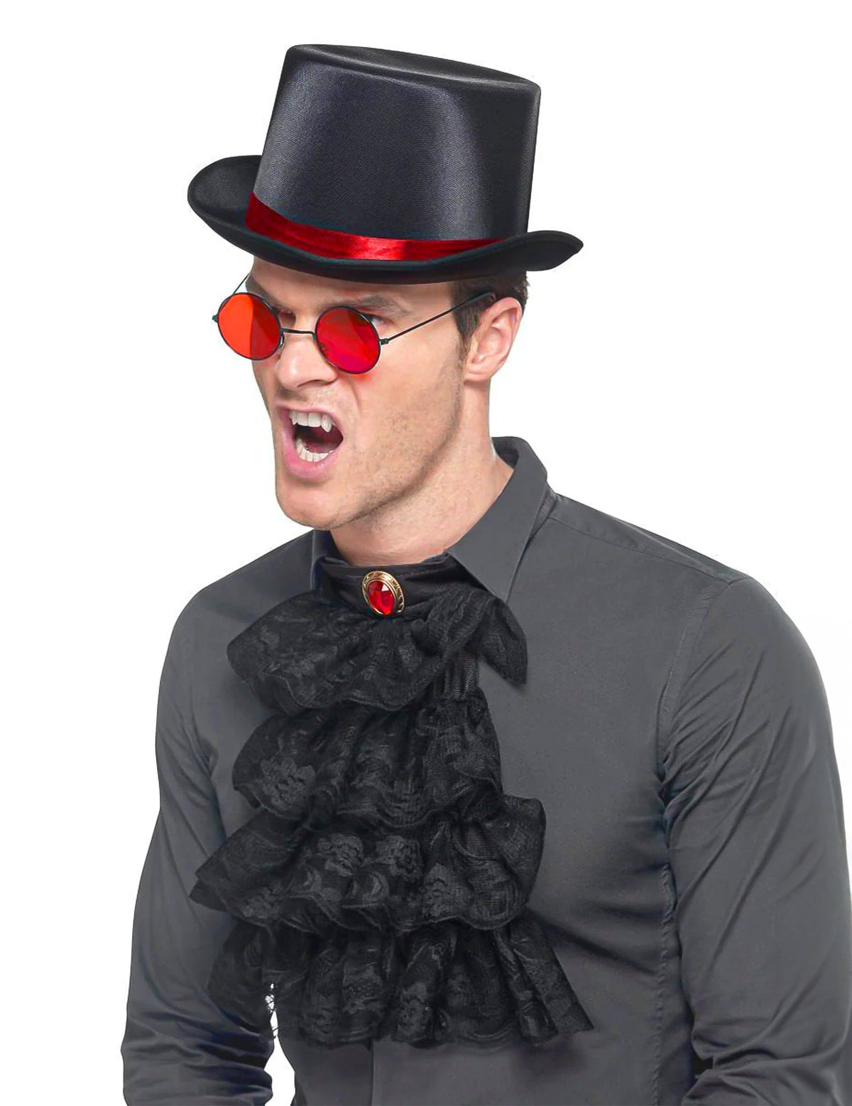 Kit accessoire gothique Halloween pour adulte noir avec haut-de-forme lunettes rouges et jabot