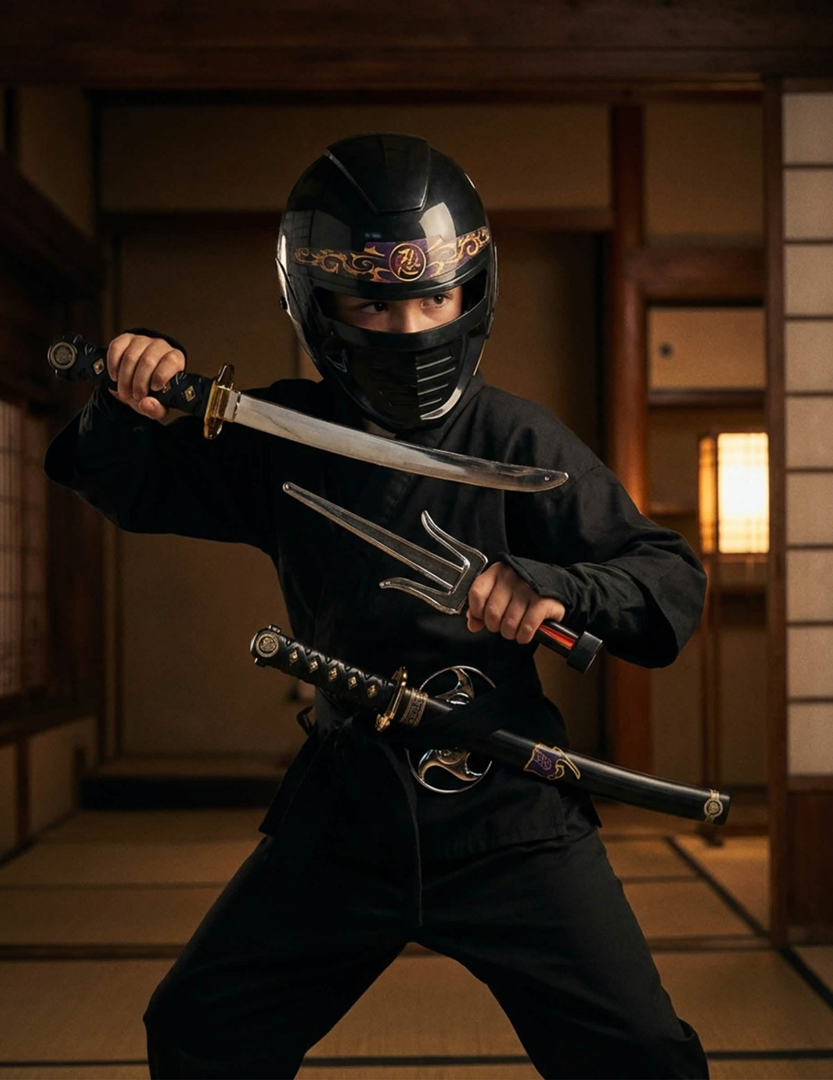 Kit de accesorios, armas y máscara ninja para niño negro con katana y sai