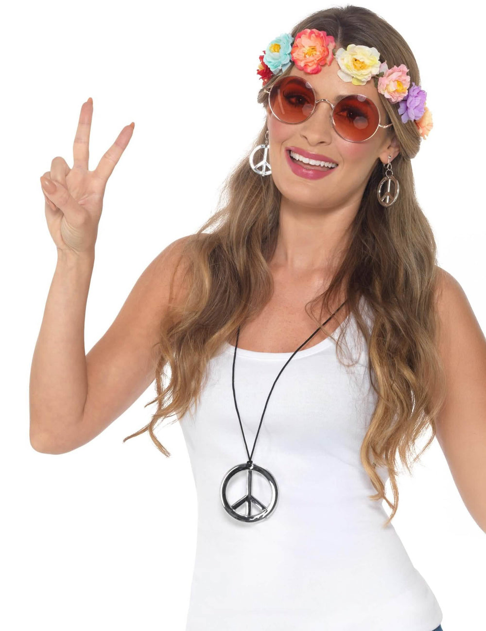 Kit de accesorios hippie para mujer con corona de flores y joyas peace and love plateadas