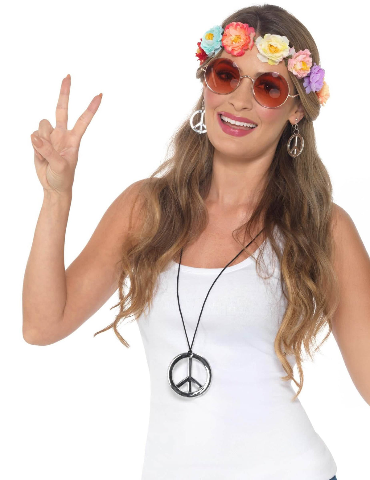 Kit de accesorios hippie para mujer con corona de flores y joyas peace and love plateadas