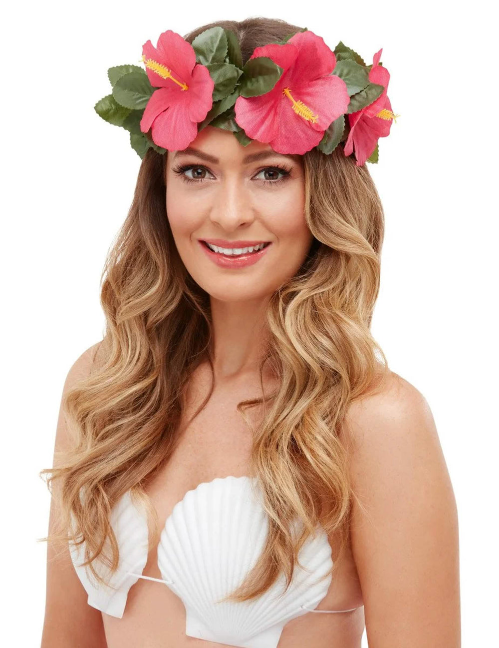 Vista frontal de la corona y del sujetador de conchas del Kit accesorios Luau Tiki hawái