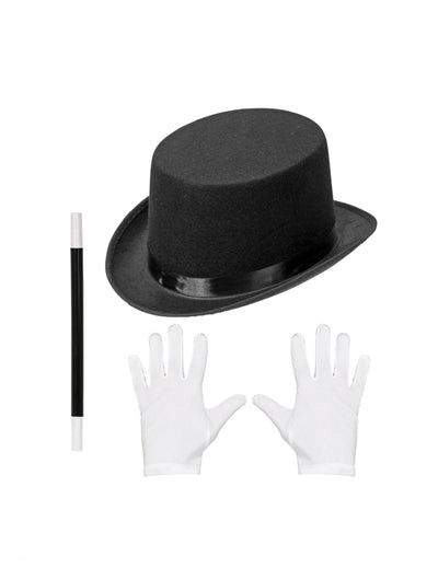 Kit accessoires magicien pour enfant noir et blanc avec chapeau haut-de-forme gants et baguette