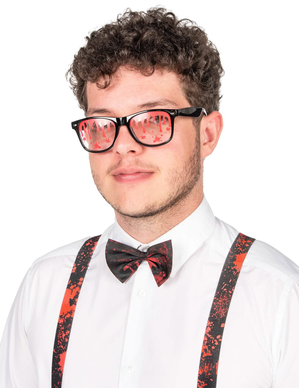 Zoom sur le nœud papillon et les lunettes du kit accessoires noirs sanglants pour adulte