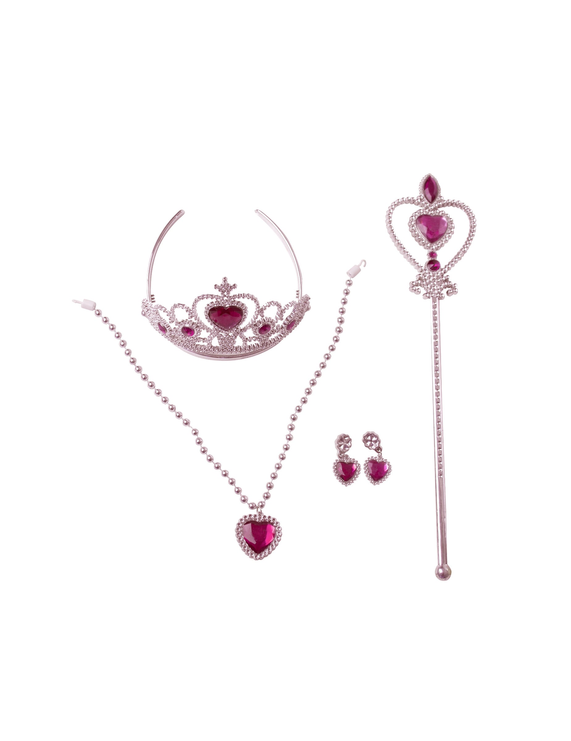 Détail de la couronne, de la baguette et des bijoux du kit accessoires princesse des rêves