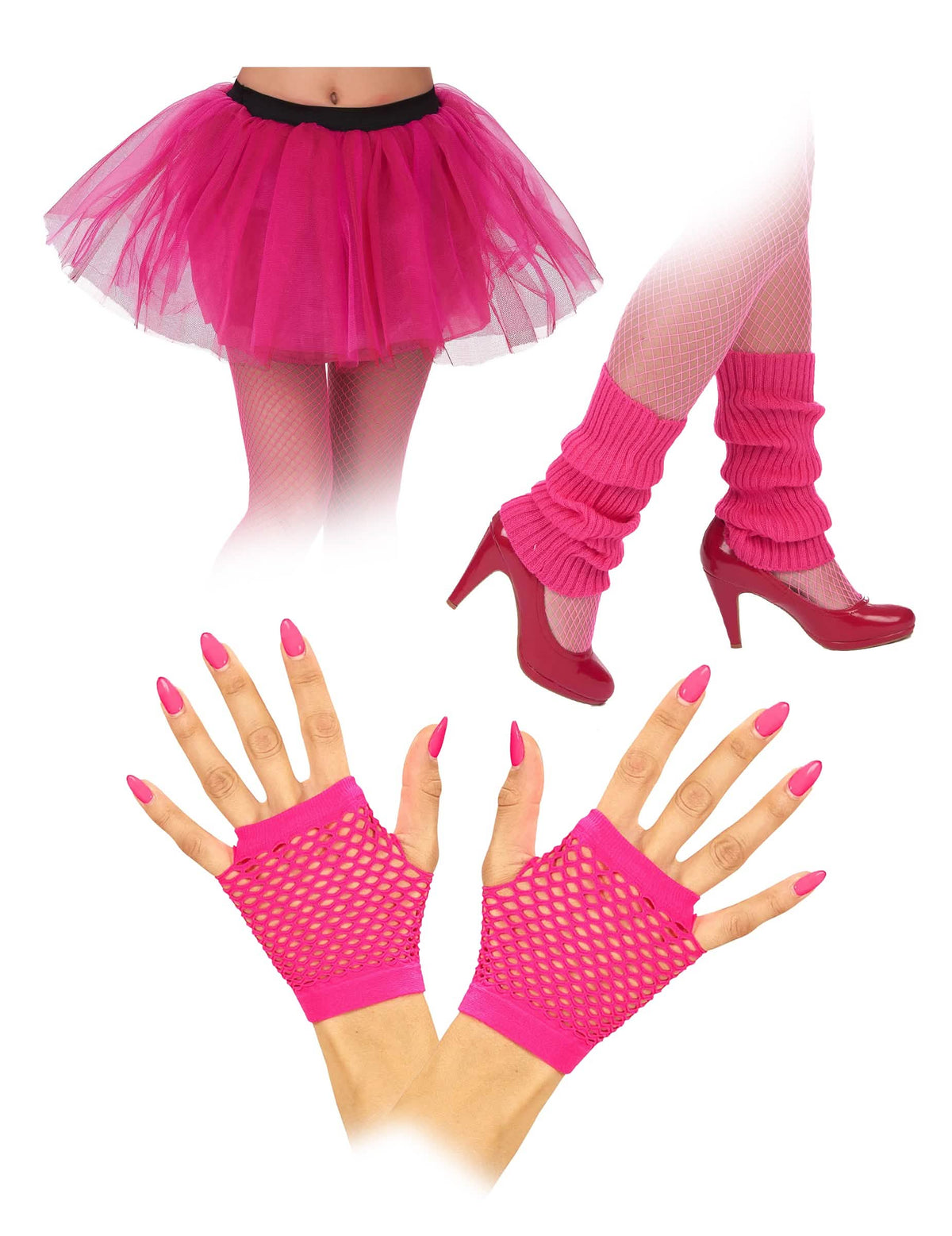Kit de accesorios de los años 80 para adulto rosa fosforito con tutú, calentadores y mitones