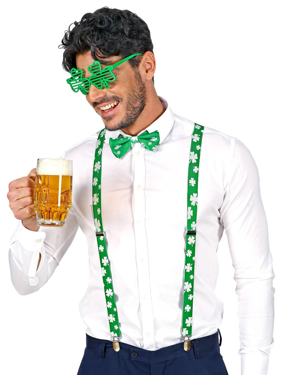 Kit accessoires trèfles Saint Patrick pour adulte vert et blanc avec lunettes bretelles et noeud papillon